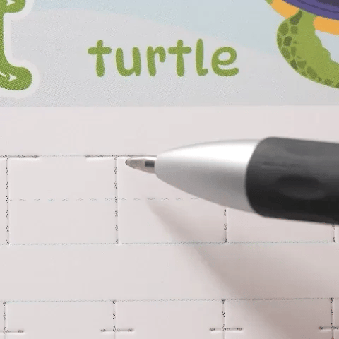 Animated demonstration of grooved handwriting pages guiding a child's hand through correct letter formation